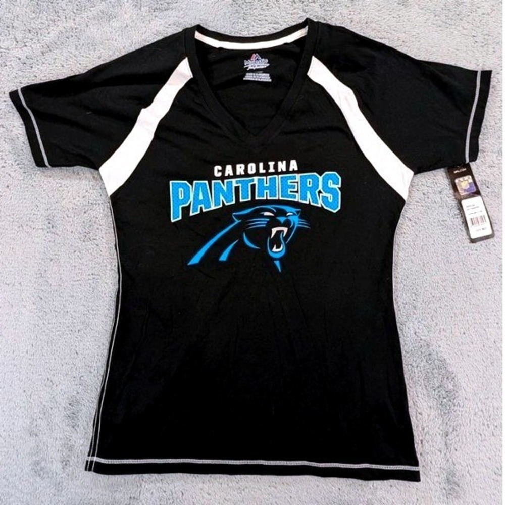 Majestic~Carolina Panthers T-Shirt~Women Medium~Black V-Neck NFL Fan Gear~NWT